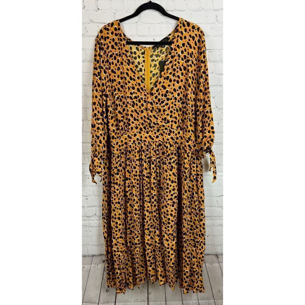 ELOQUII yellow mustard black polka dot faux wrap viscose dress size 24 NWT